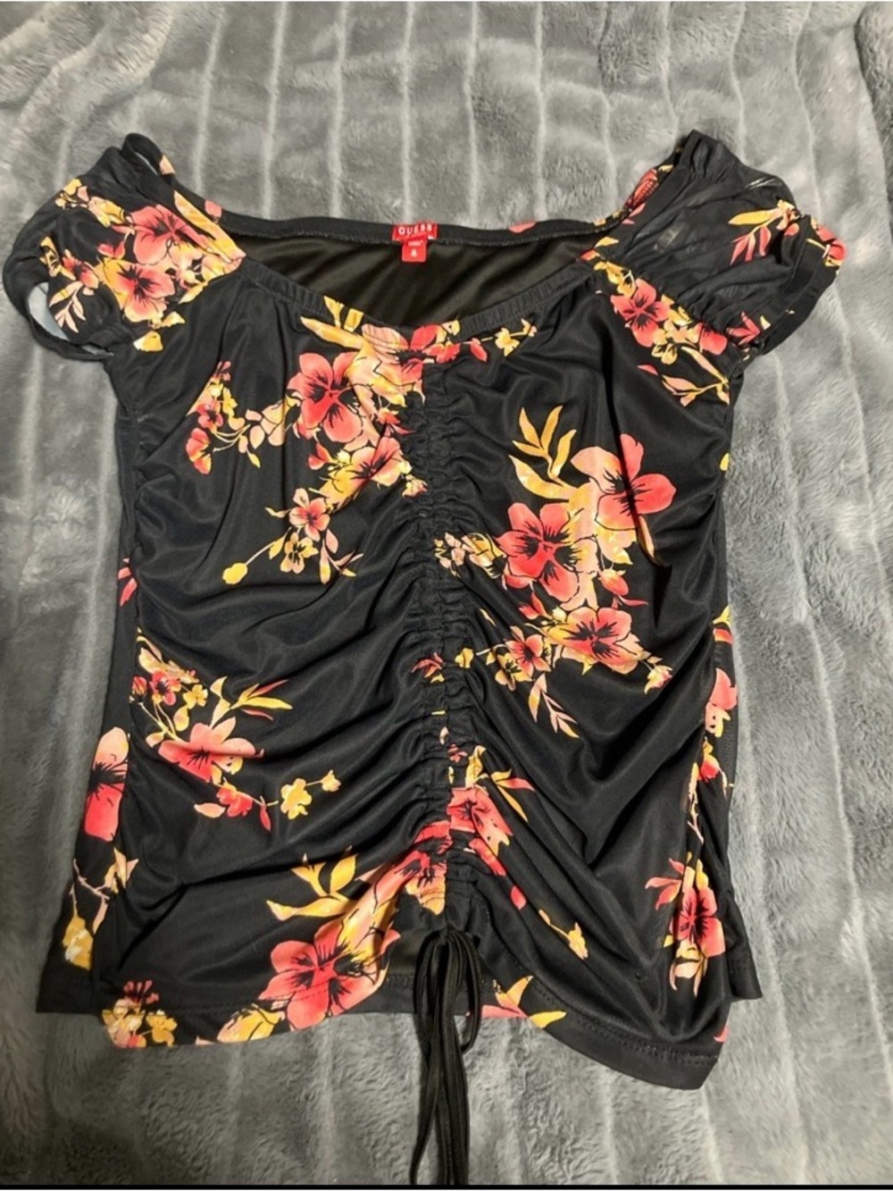 Guess Black Floral Ruched Top with Pink & Yellow Flowers